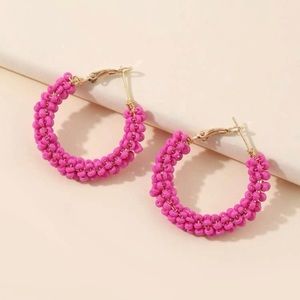 Pink Beaded Hoop‎ Earrings